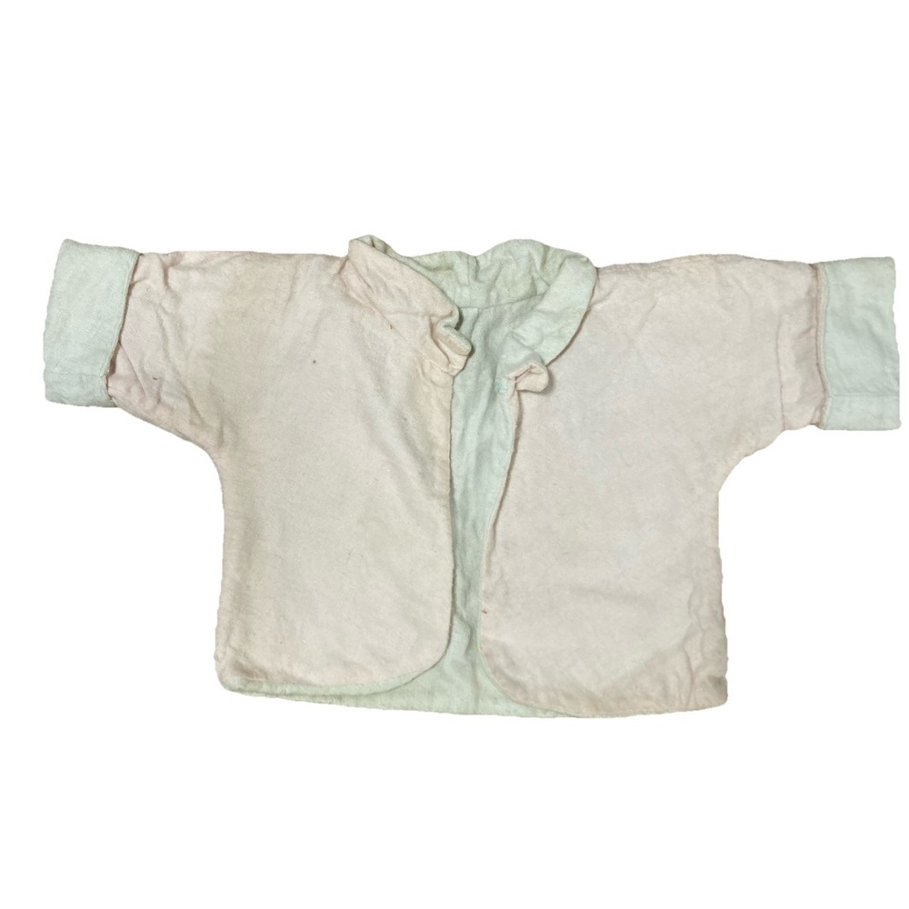 Antique  mWhite Light Pink Cloth jacket/bib Hat Doll m Set for 12 Inch Stains